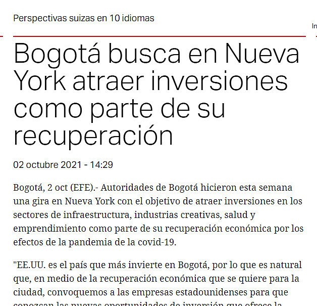 Bogot busca en Nueva York atraer inversiones como parte de su recuperacin